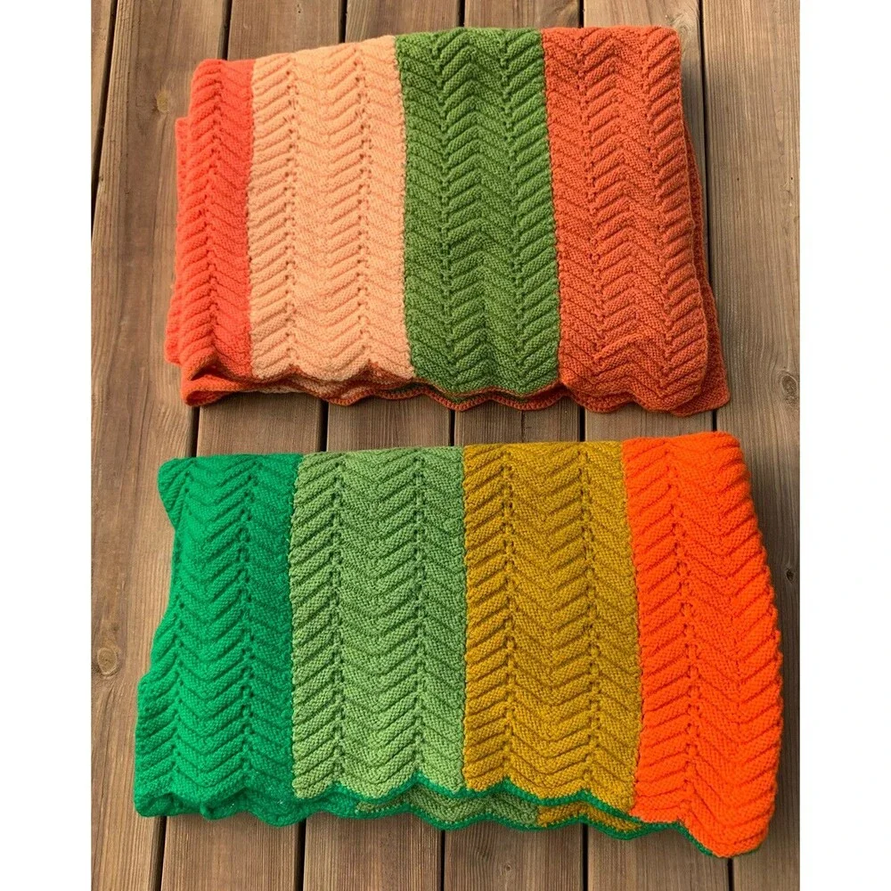 Vtg Pair 2 Multicolor Scalloped Edge Hand Crocheted Afghan Blanket Throw 46”x68”